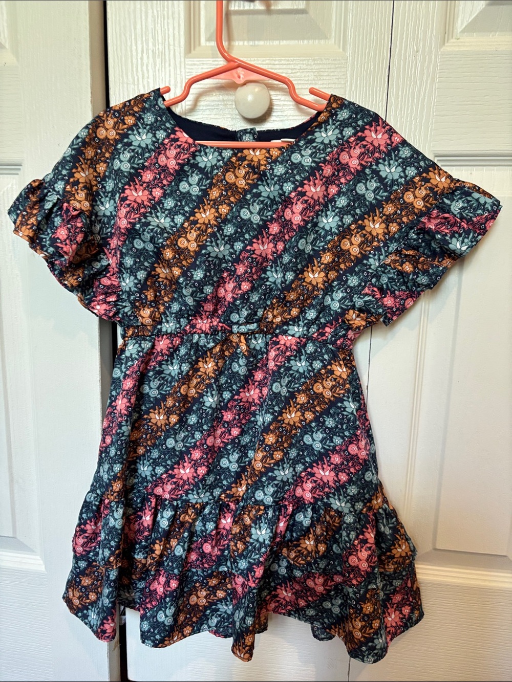 Janie and Jack Floral Stripe Flutter-Sleeve Dress - Pink, Teal & Brown